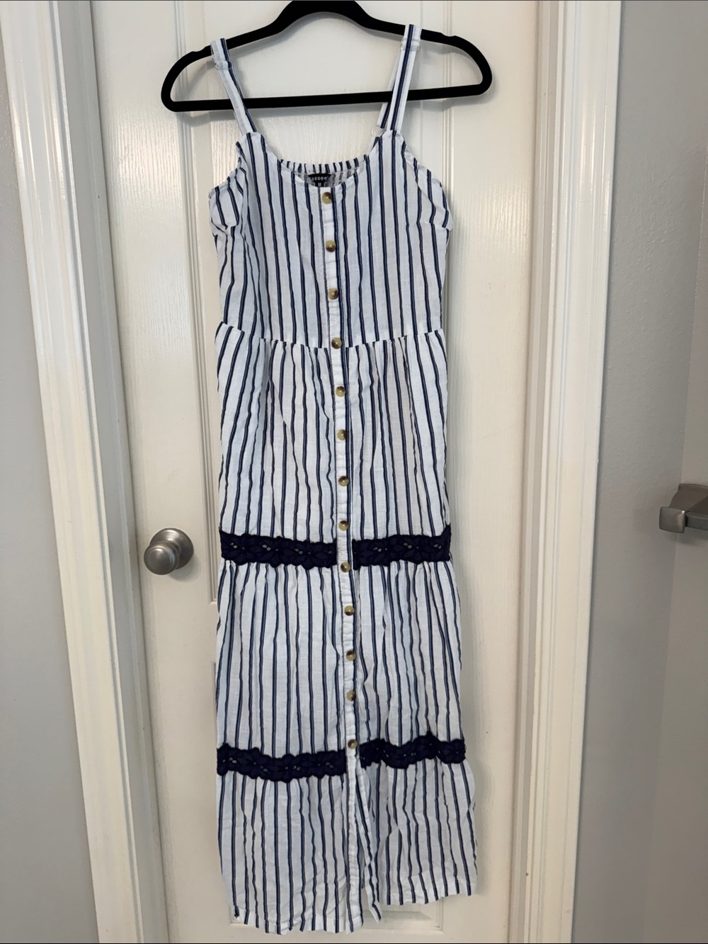 Striped Button-Front Maxi Dress in White and Navy